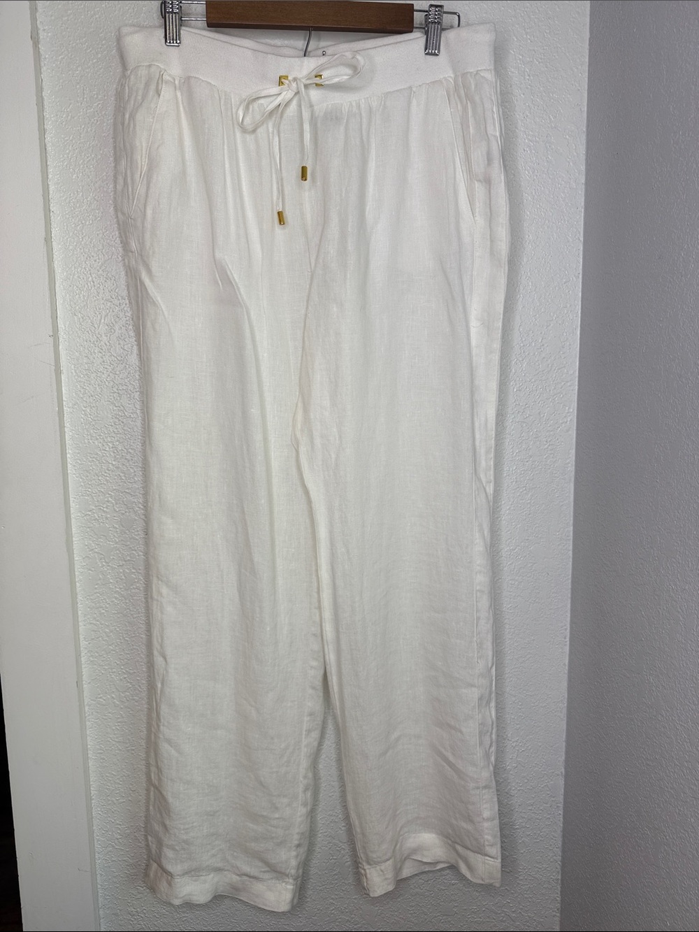 Ellen Tracy White Ivory 100% Linen Pull On Pants Drawstring Size Medium Coastal